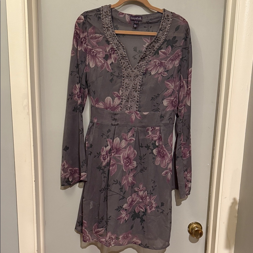 Long Tall Sally Purple and Gray Floral Long Sleeve Dress
